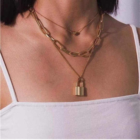 GOLD 14k Gold Plated Heart & Lock Layered Necklace - Picture 1 of 3